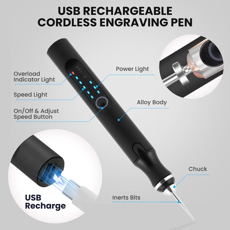 Timntts Electric Engraving Pen with 37 Bits, USB Rechargeable Cordless Etching Engraving Tool, Portable DIY Rotary Engraver for Jewelry Wood Glass Stone Carving (Black) - Image 2
